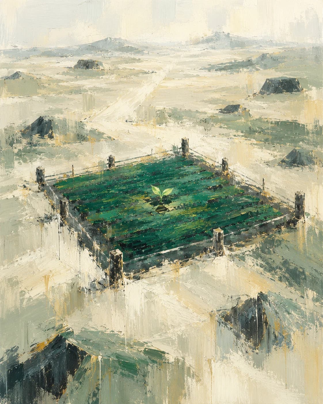 Painted test field with one healthy plant growing at its centre.